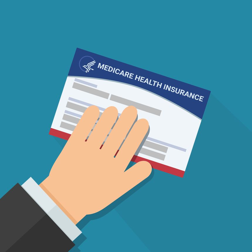 A hand presents a Medicare card on a blue background in flat design style