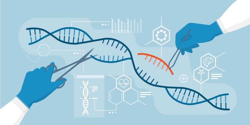 Scientists analyzing DNA helix and editing genome within organisms, CRISPR technology