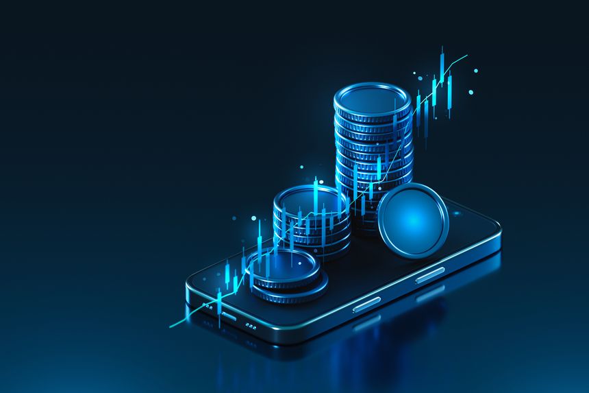 Digital fintech technology concept showing mobile banking, crypto finance, and business innovation. Modern digital money solutions for finance, banking, and investment growth