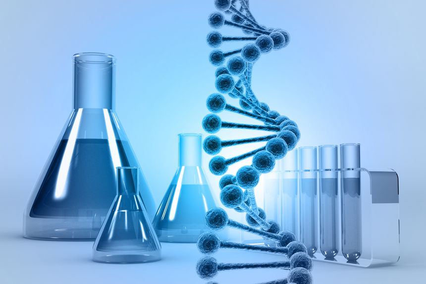 DNA molecules strand on chemistry background. 3d illustration