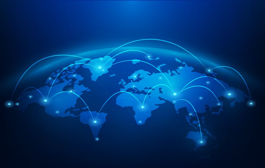world internet connection online network global blue dark background. connect worldwide communication. vector illustration fantastic technology.