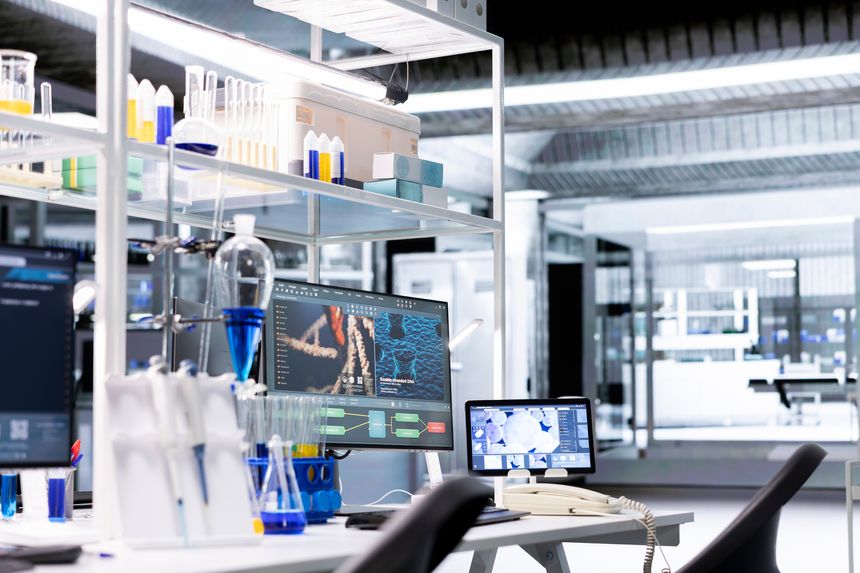 Research facility workstation with monitor and tablet displaying DNA data and molecular analysis interface. Bioinformatics genomics visualization on PC in laboratory environment
