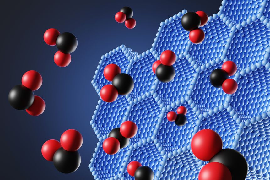 Black and red molecules having hydrogen-like bonding moving towards a blue hexagonal molecular structure. Illustration of the concept of chemistry, quantum physics and drug development