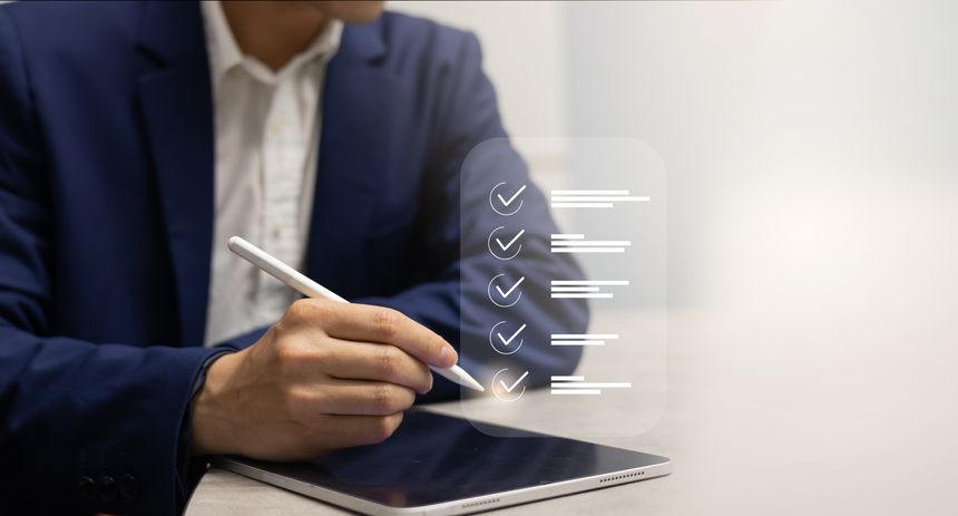 manager manager hand check mark on virtual online questionnaire survey from website to rate score and share aspect of audience after complete from seminar for business corporation concept