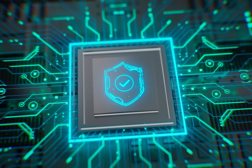 Futuristic neon shield with a checkmark on a cpu chip. Concept of cybersecurity, data protection, digital safety, privacy policy, compliance and secure technology.