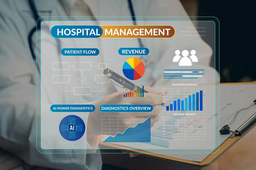 Hospital management dashboard concept with AI diagnostics, patient flow, and revenue analytics for modern healthcare efficiency and data-driven decision support