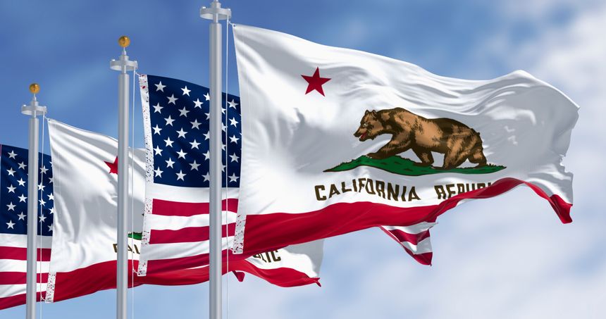 California state flags and the American flag waving in the wind, featuring a brown bear and the words California Republic. 3d illustration render. Fluttering fabric. Selective focus