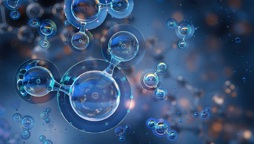 Water molecule structure 3d model, polar inorganic compound: Two Hydrogen atoms bonded to single Oxygen atom, chemical molecular formula H2O. Chemistry, physics, biology, medical science illustration
