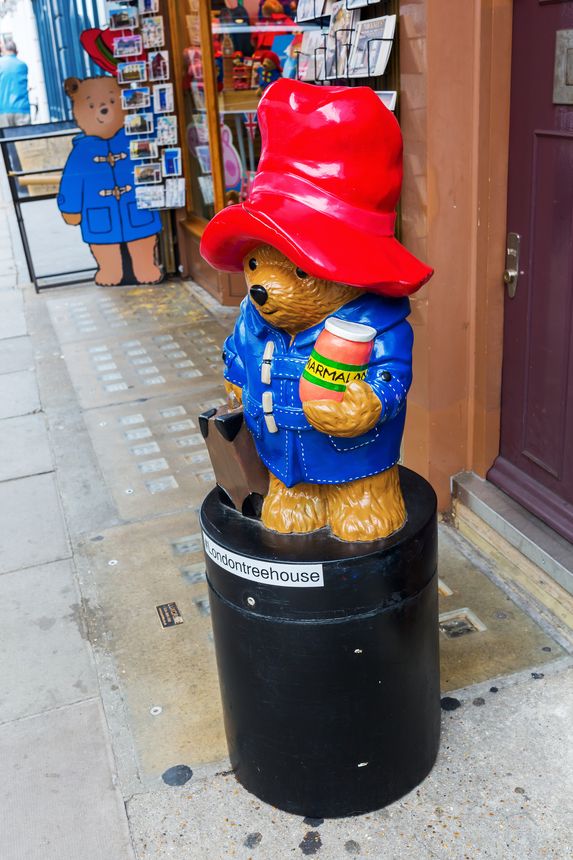 London, UK - June 19, 2016: Paddington Bear at a shop at the Portobello Road in Notting Hill. It is a fictional character, featured in more than twenty books written by Michael Bond, illustrated by Peggy Fortnum and other