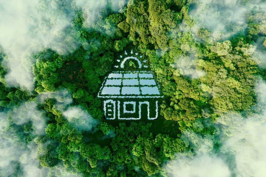 A lake in the shape of a house with solar panels and batteries in the middle of a healthy forest, symbolizing the ecological storage of solar energy in domestic conditions. 3d rendering.