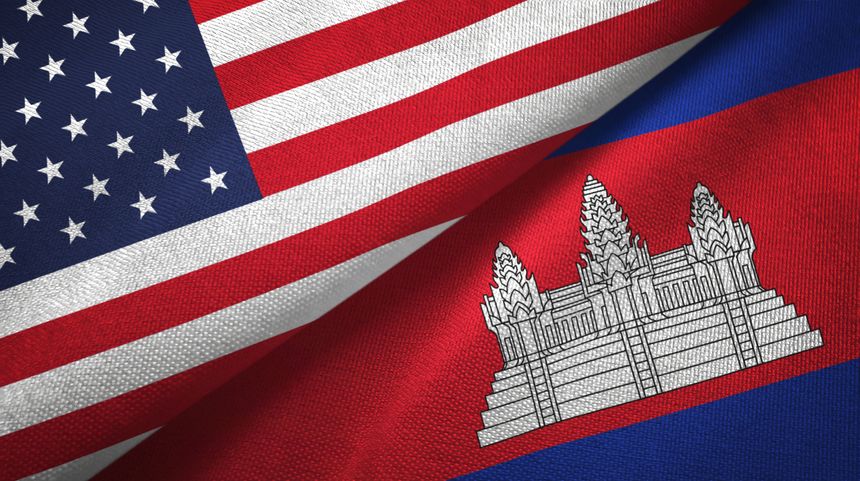 Cambodia and United States flags together textile cloth, fabric texture