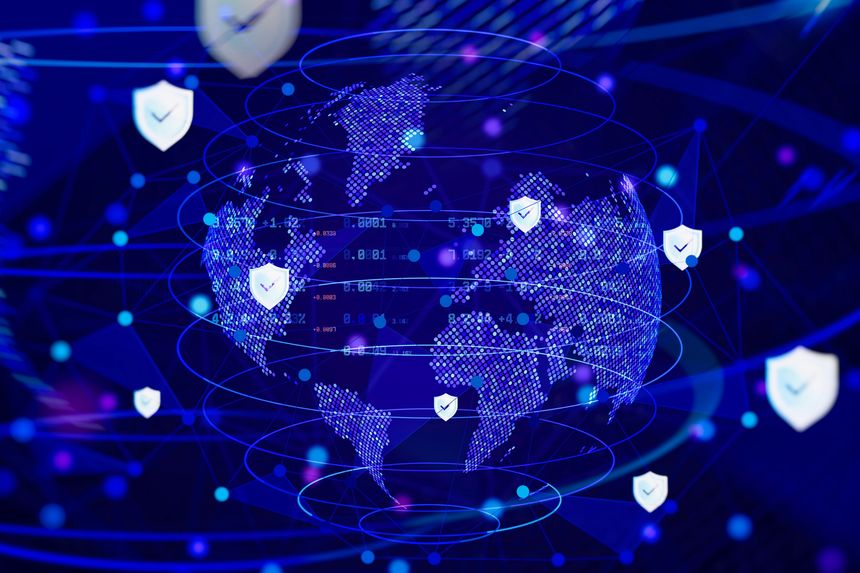 Global cybersecurity and data protection concept. Futuristic international business infrastructure symbolizes encrypted cloud computing, corporate legal privacy, and secure server network.