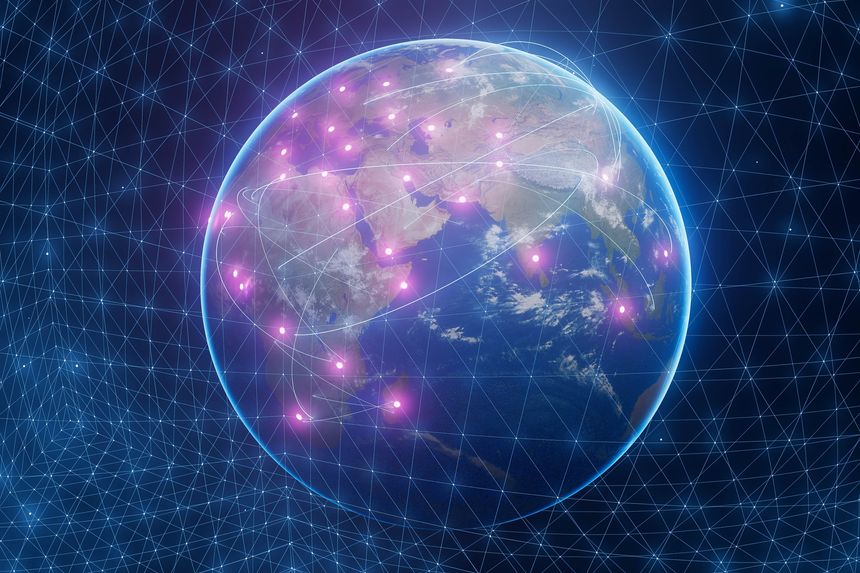A blue and purple planet Earth with a network of lines connecting it.