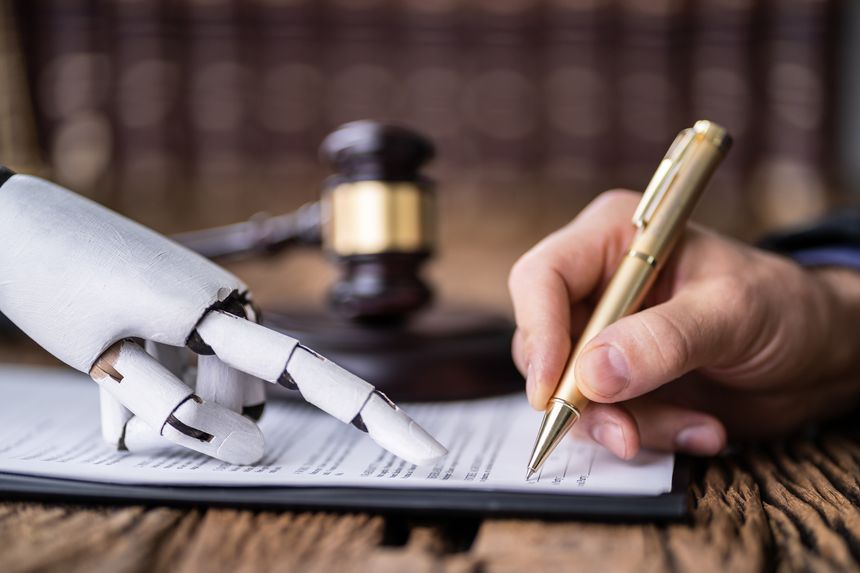 Robotic Hand Assisting Person For Signing Document Over Wooden Desk In The Courtroom