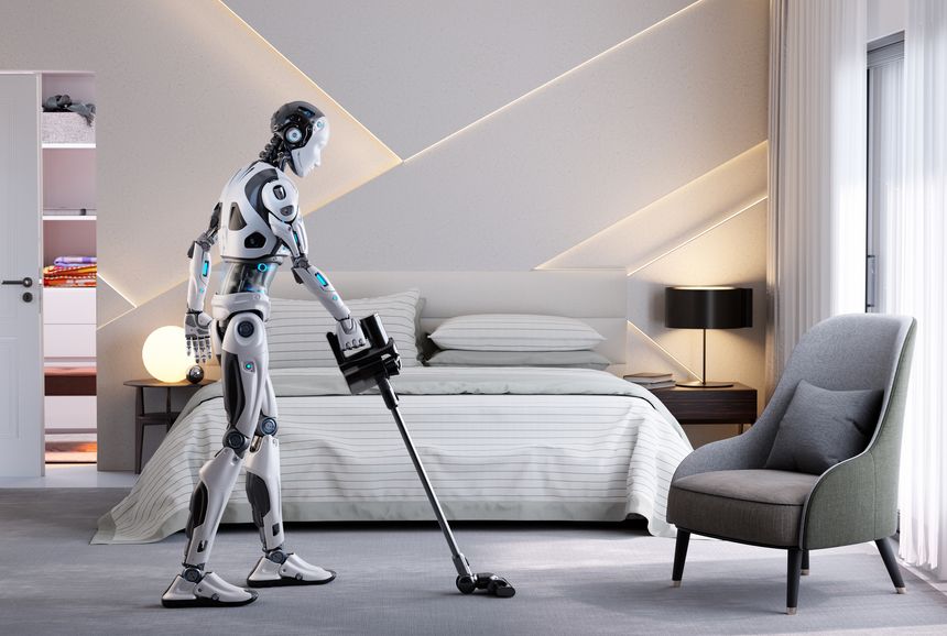 Robot assistant doing vacuuming a room. Home helper. Smart assistant. 3D illustration