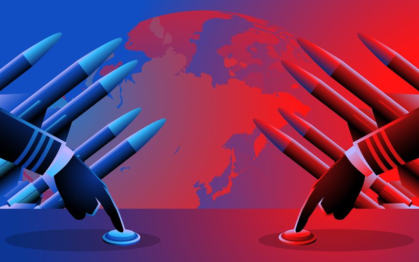 Two military leaders hands poised over a launch button in front of a globe, symbolizing global conflict, geopolitical tensions, and high stakes decisions