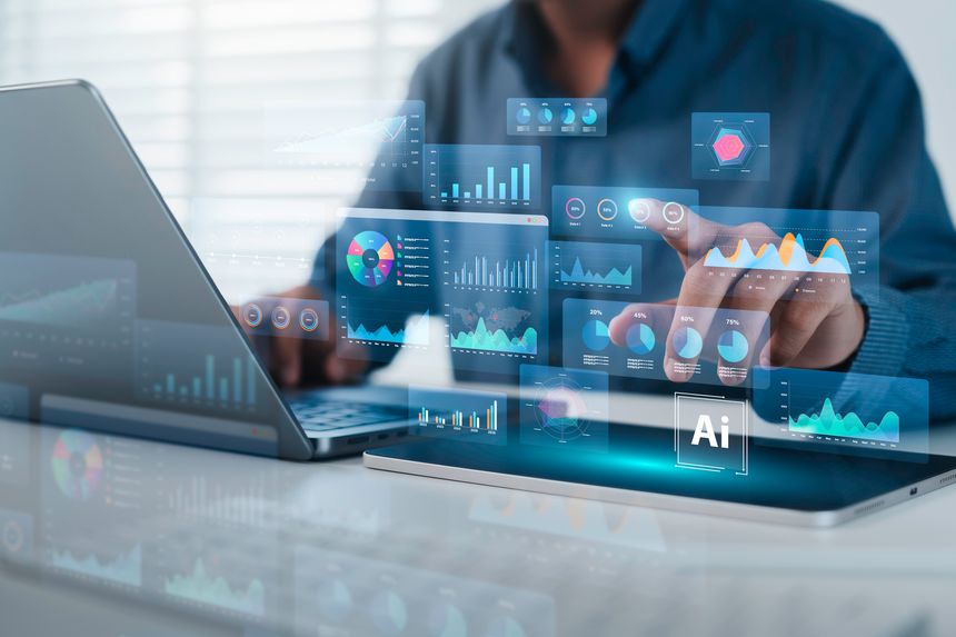 An analyst uses a computer and dashboard for data business analysis and Data Management System with KPI and metrics connected to the database for technology finance, operations, sales, SEO marketing