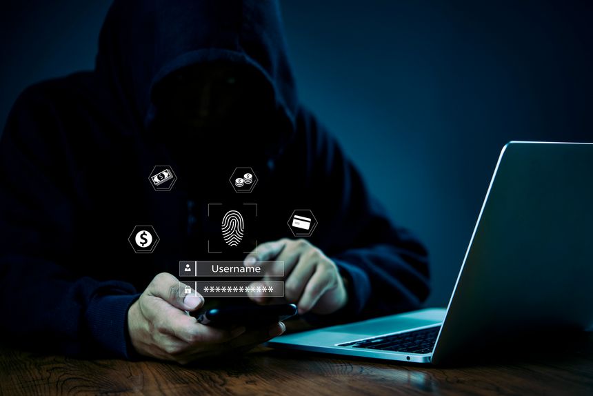 Hacking concept, personal data Finance, banking theft. Criminal accessing confidential information. User login, digital identity. Online scam, phishing attempt. Cybersecurity awareness network.
