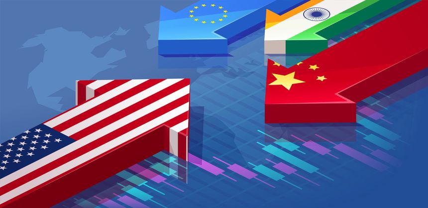 Vector illustration symbolizing trade war confrontation and the imposition of import duties or tariffs between major global economies: USA, China, European Union (EU), and India. Arrows textured with flags represent the conflicting actions, policies, or impacts within this trade dispute, set against a world map and financial chart background. Concept highlights international trade conflicts, economic sanctions, and geopolitical rivalry.