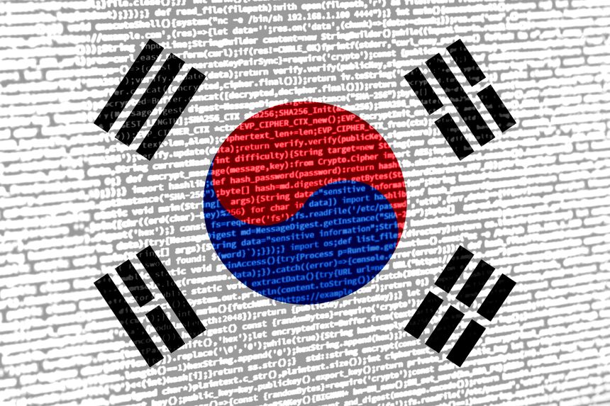 Digital concept with the flag of South Korea on a tech background. South Korea in the context of cybersecurity, programming, and digital sovereignty. Symbolic image of site development in South Korea