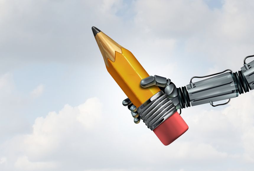 Technology And Creativity as artificial intelligence content or AI media creation as a robot hand holding a pencil as a creative tool using high tech computer software to make computer generated art as a 3D illustration