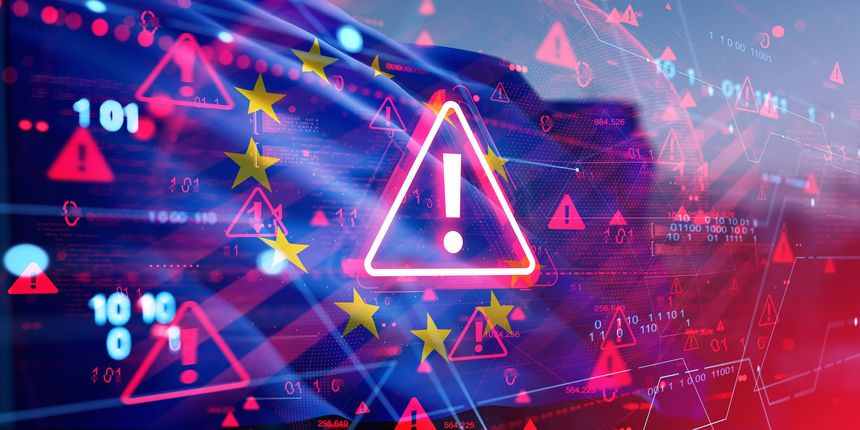 Alert symbols over binary code and EU flag on abstract digital background, glowing interface style, representing internet system warning and hacking concept