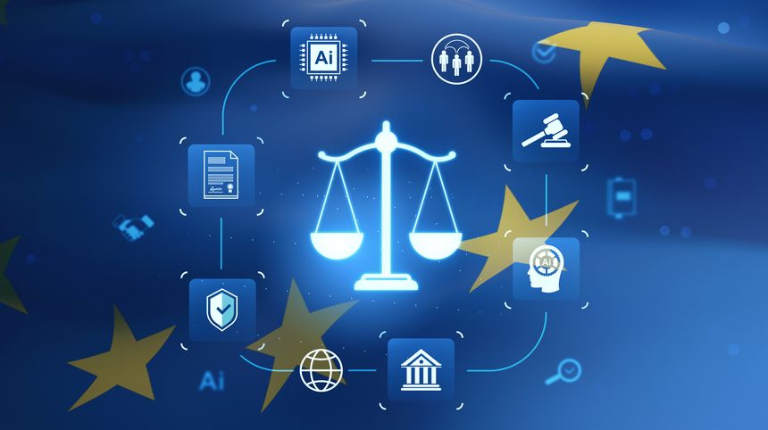 Glowing justice scales with AI, legal, and tech icons around on blue European Union-themed background, symbolizing AI regulation and governance concept