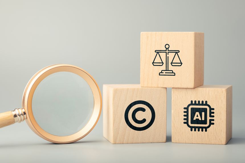 Magnifying glass and wooden blocks with AI chip copyright and justice scale icons representing artificial intelligence copyright ethics and legal regulation concept