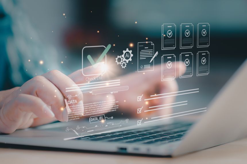 Concept of AI-driven checklist and document control professional types on laptop, with floating check marks and files, signaling compliance verification, approval workflow, and efficient operations.