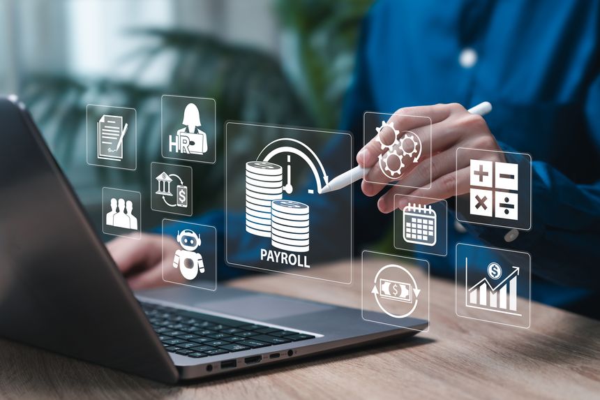 Payroll Management Automation Concept, Businesswoman Using Software for Salary Payment, Expense Tracking, Employee Benefits, Digital Finance System, Cost Control, HR Technology, Corporate Efficiency