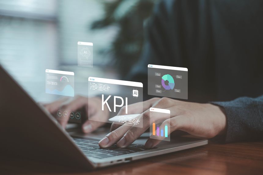 KPI dashboard and AI analytics concept, performance indicator. data business intelligence, solution marketing, tracking kpi measurement. analysis and evaluation system. Objective key management.