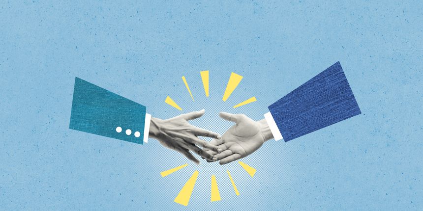 Creative collage illustration of financial business. Two businessmen shaking hands for partners agreement. Conceptual illustration of success deal, corporate ethic, connection.