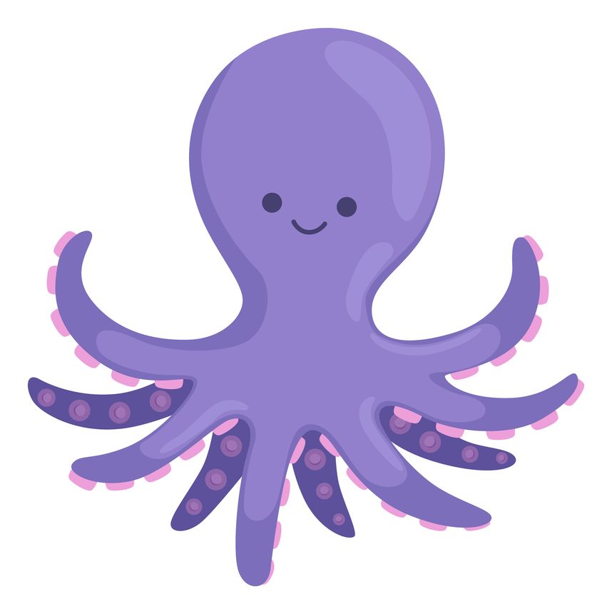 Purple octopus. Funny ocean animal. Smiling character isolated on white background