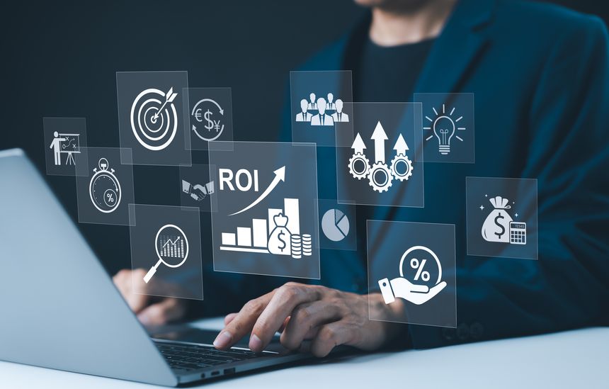 Analyzing ROI and Business Strategy Concepts. Businessman working on a laptop with various digital icons representing ROI, financial strategies, return on investment, and efficiency. marketing plan,