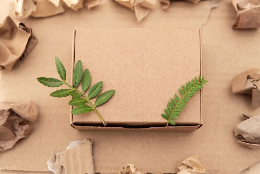 Eco-friendly cardboard box with green leaves surrounded by recycled paper, sustainable packaging and environmental awareness