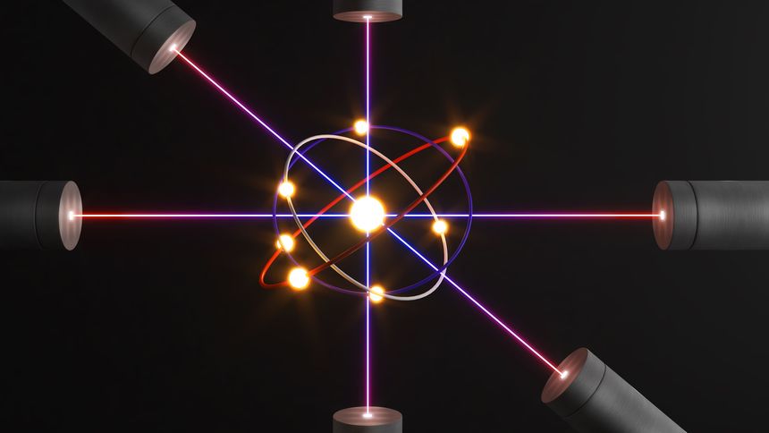 Through pointing a light beam towards atoms, one can examine their structure and quantum physical consequences.,3d rendering