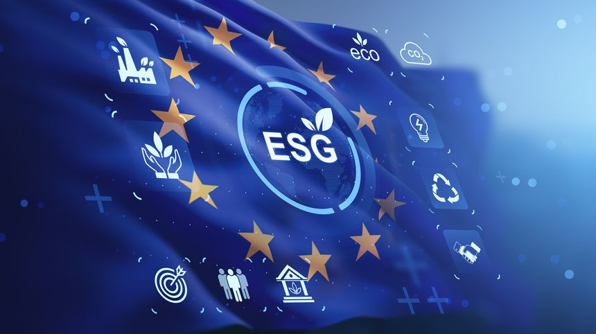 ESG sustainability concept shown on a waving EU flag with eco and environmental icons in a creative digital style on a blue gradient background