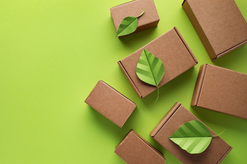 Cardboard boxes from natural recyclable materials with green leaves from paper top view. Responsible consumption, eco friendly packaging, zero waste concept.