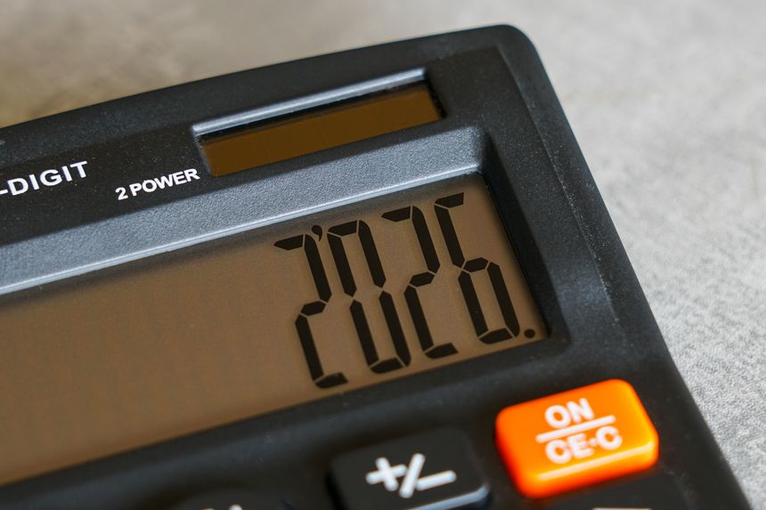 Close-up of a digital calculator showing the year 2026, symbolizing approaching new year, business planning, budgeting, and future financial strategies