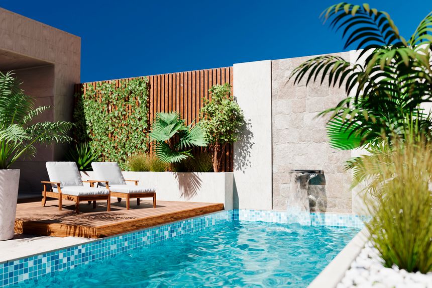 Modern style architecture exterior vacation villa with luxury swimming pool and tropical tree garden. Contemporary desert building design with poolside area and patio in backyard. Rich real estate rental. 3d rendering.