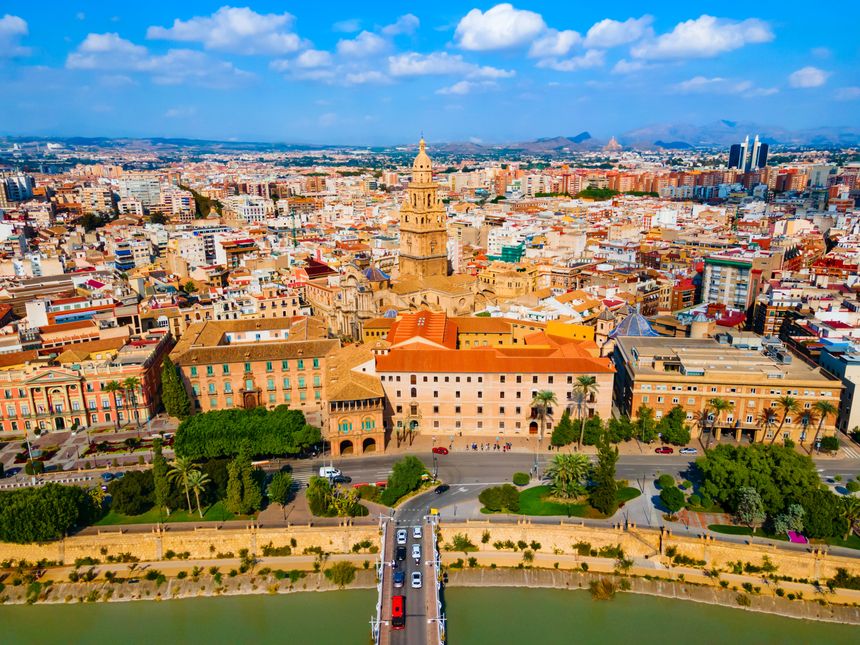 The Cathedral Church of Saint Mary aerial panoramic view, Murcia. Murcia is a city in south eastern Spain.