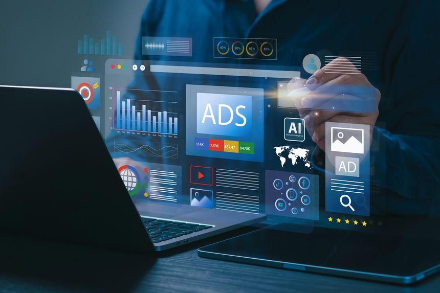 Digital marketing commerce online sale concept, Businessman using laptop with Ads dashboard digital marketing strategy analysis for branding. online advertisement, ad on website and social media.