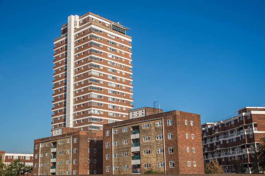 Exterior of Glastonbury House, a retirement housing block on the Abbots Manor estate in Pimlico, London, UK