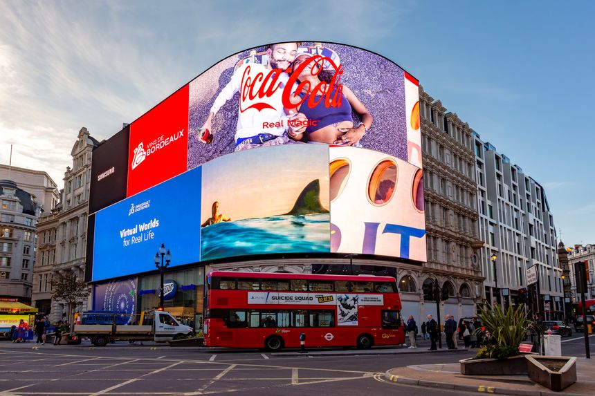 London, UK - 30 April 2024: Advertising screen on Piccadilly circus