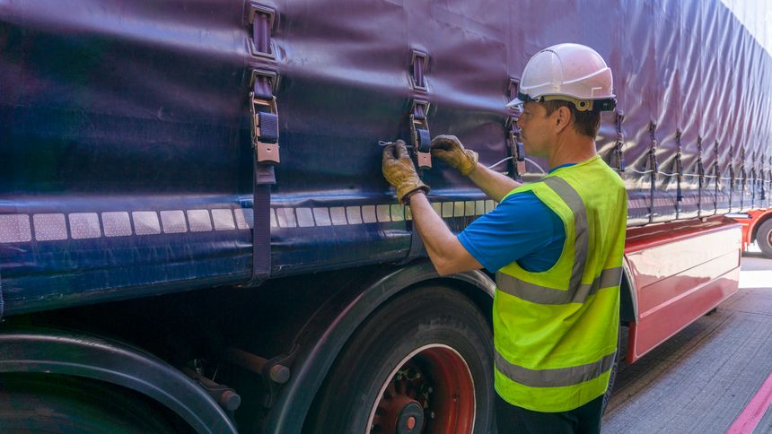 Heavy Goods Driver wearing Protective Safety Clothing Fastening up TIR cables Through the Curtain Buckles on a Curtain Side Articulated Trailer on a Sunny Day.