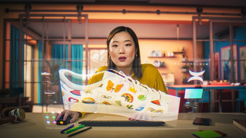 Asian Female Designer Uses a VFX Hologram Screen to Create a 3D Shoe Design in Graphical Interface Software. Young Professional Entrepreneur doing Digital Fashion, Sneaker and Clothing Design