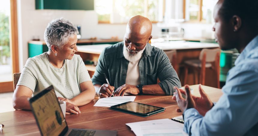 Financial advisor, paperwork and old couple with signature in home, mortgage investment and loan. Agreement, legal contract and explaining conditions of application form, asset management and help