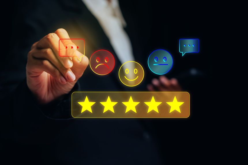 Hand touching five star rating with emotion icons, customer feedback satisfaction, quality assurance, positive experience, service improvement, user experience concept
