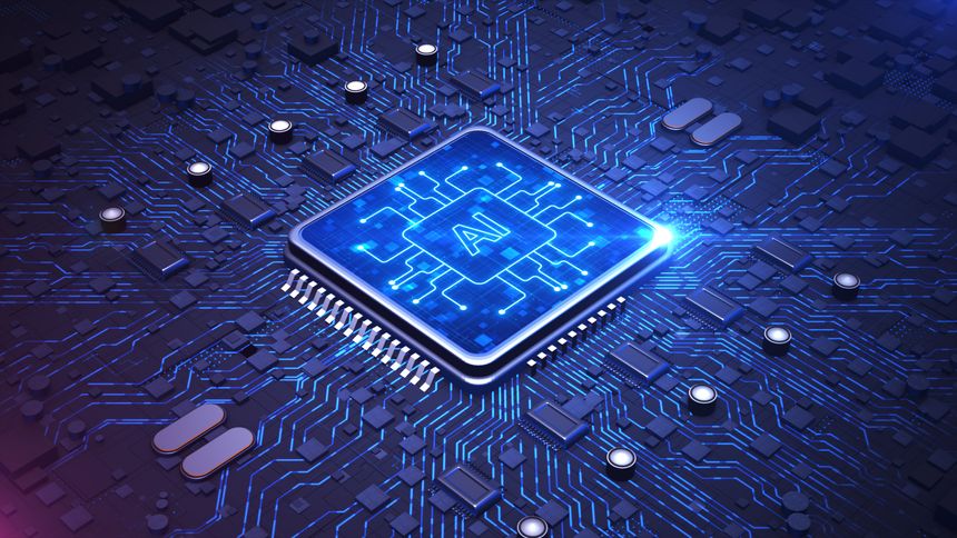 AI microchip embedded in an intricate blue circuit board, advanced artificial intelligence, futuristic computing, and digital innovation. Big data transmission connection background 3d Rendering