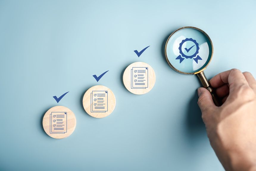 Certificate approval process with document checklist, magnifying focus quality assurance, verification system, compliance audit, and standard validation.